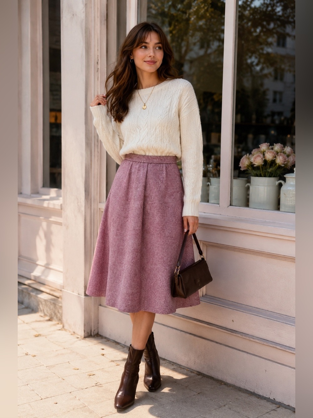 Midi A-Line Wool-Blend Skirt in Dusty Rose